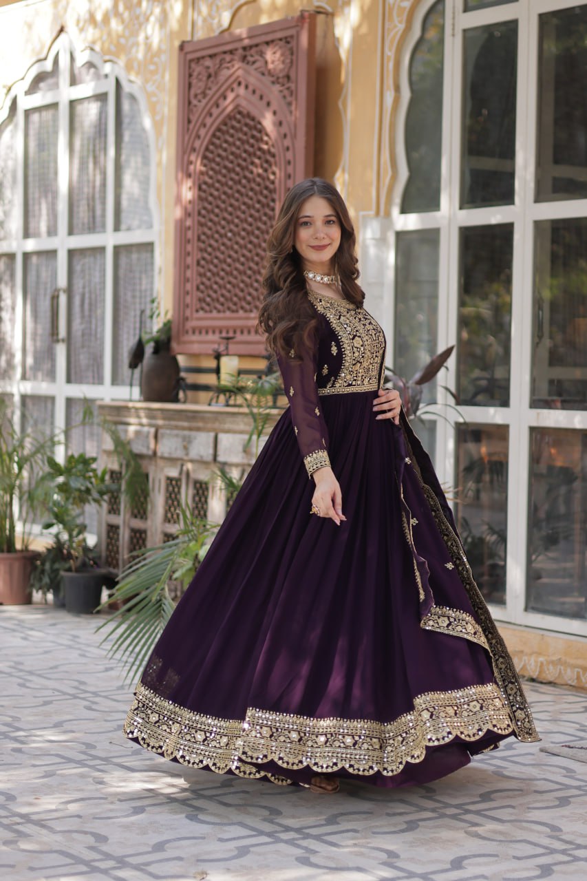 Women's Luxurious Plum Velvet Anarkali Gown with Heavy Gold Zari & Sequin Embroidery – Perfect for Weddings & Grand Festivities - Image 4